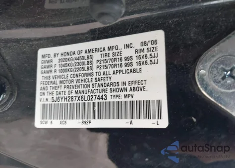 2006 Honda Element Ex-P z USA, uszkodzony, nr VIN 5J6YH287X6L027443